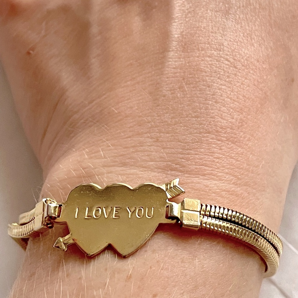I Love You Hearts with Arrow Goldtone Metal Vintage Bracelet with Chain Tassel
